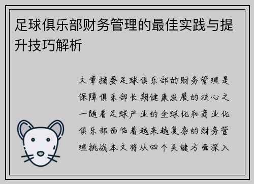 足球俱乐部财务管理的最佳实践与提升技巧解析 足球俱乐部财务管理的最佳实践与提升技巧解析